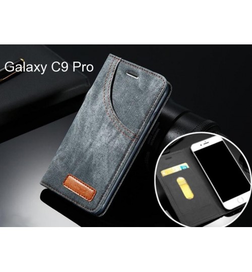 Galaxy C9 Pro case leather wallet case retro denim slim concealed magnet