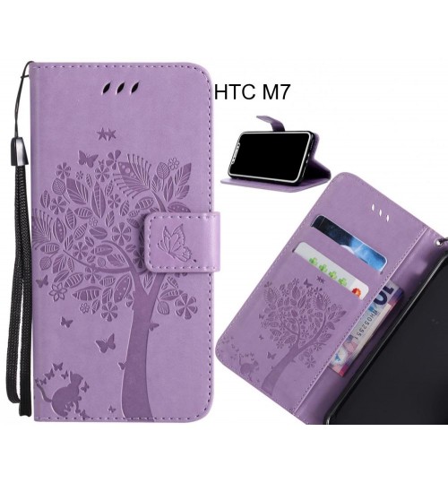 HTC M7 case leather wallet case embossed cat & tree pattern