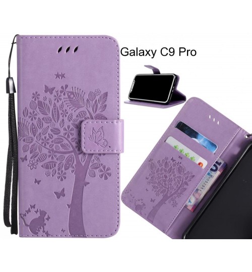 Galaxy C9 Pro case leather wallet case embossed cat & tree pattern