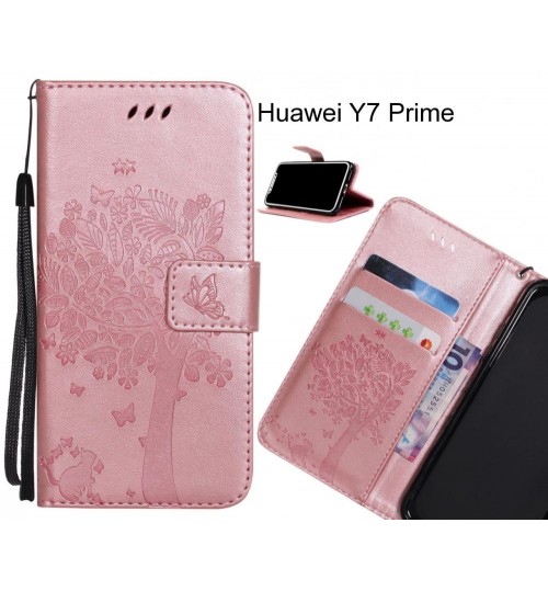 Huawei Y7 Prime case leather wallet case embossed cat & tree pattern