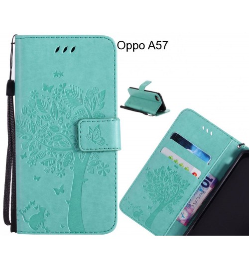 Oppo A57 case leather wallet case embossed cat & tree pattern