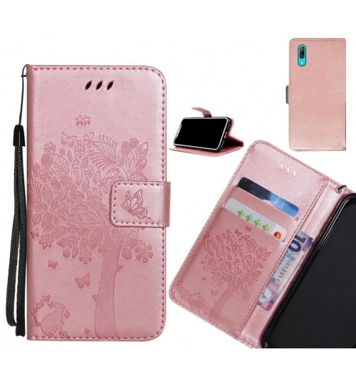 Huawei Y7 Pro 2019 case leather wallet case embossed cat & tree pattern