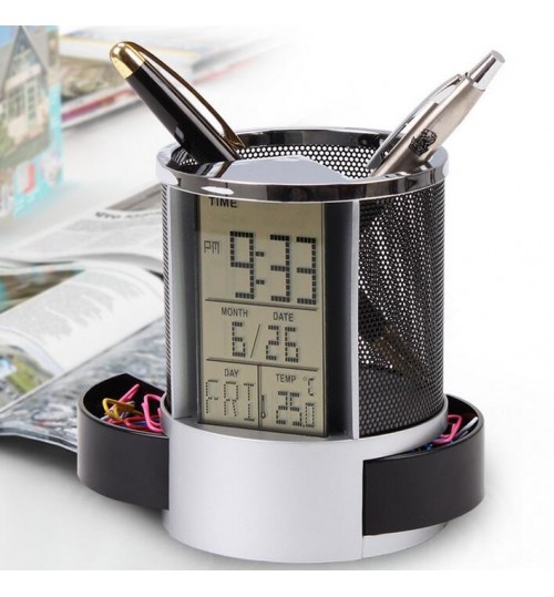 Clock Pen Holder Digital LCD Display Desk Alarm Clock Pen Pencil Holder