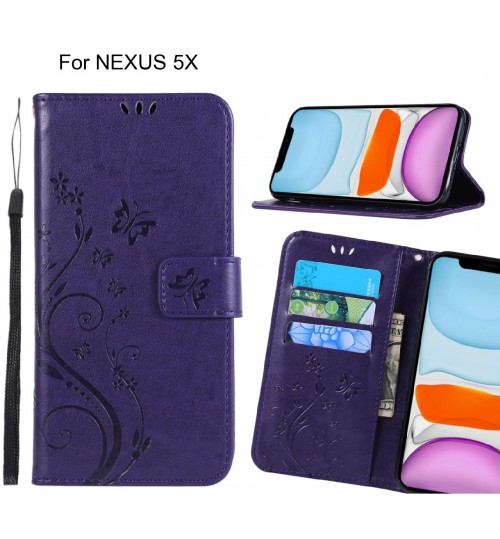 NEXUS 5X Case Embossed Butterfly Wallet Leather Cover