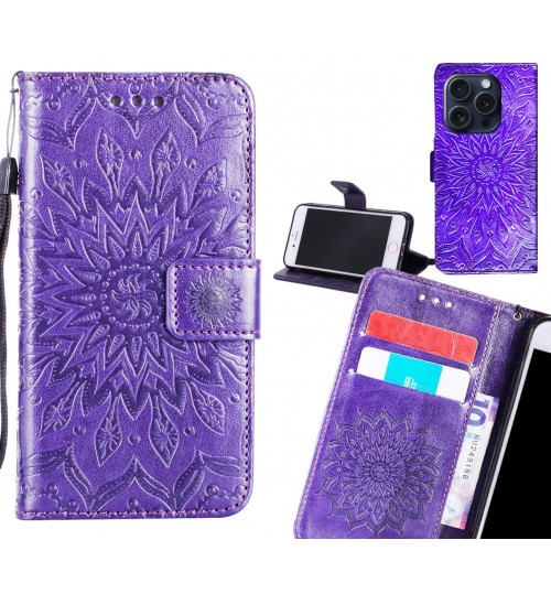 iPhone 15 Pro Case Leather Wallet case embossed sunflower pattern