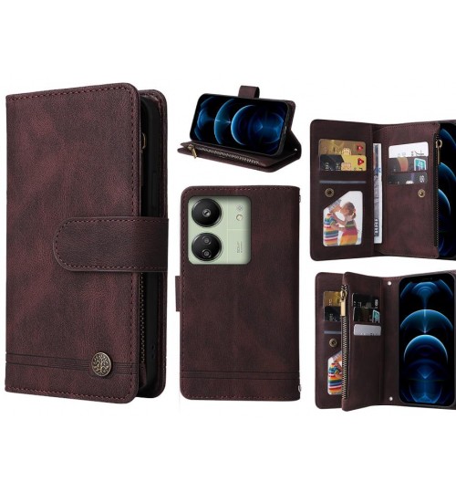 Xiaomi Redmi 13c Case 9 Card Slots Wallet Denim Leather Case - Brown