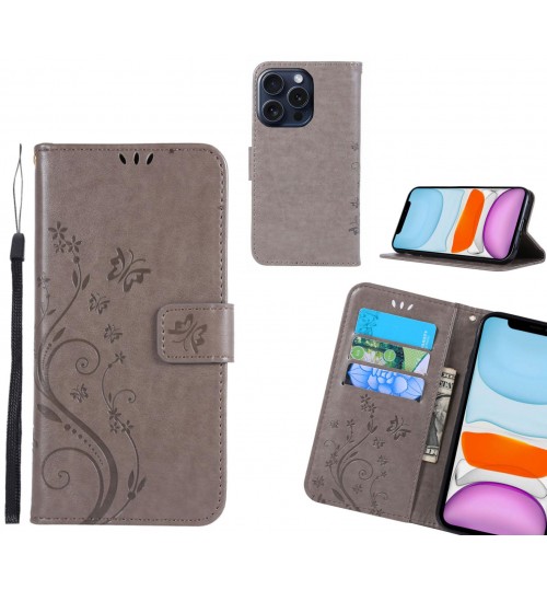 iPhone 16 Pro Case Embossed Butterfly Wallet Leather Cover