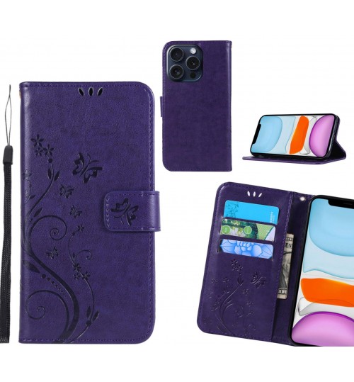 iPhone 16 Pro Case Embossed Butterfly Wallet Leather Cover