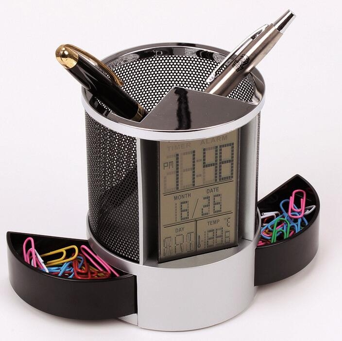 Clock Pen Holder Digital LCD Display Desk Alarm Clock Pen Pencil Holder