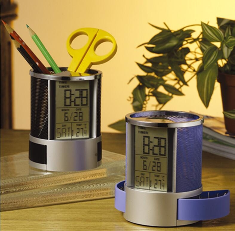 Clock Pen Holder Digital LCD Display Desk Alarm Clock Pen Pencil Holder