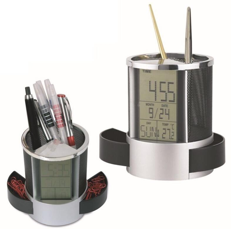 Clock Pen Holder Digital LCD Display Desk Alarm Clock Pen Pencil Holder