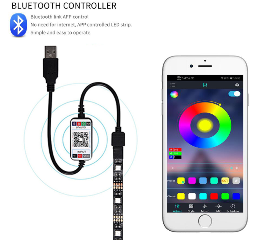 Waterproof LED Strip Light RGB Bluetooth Control 2M